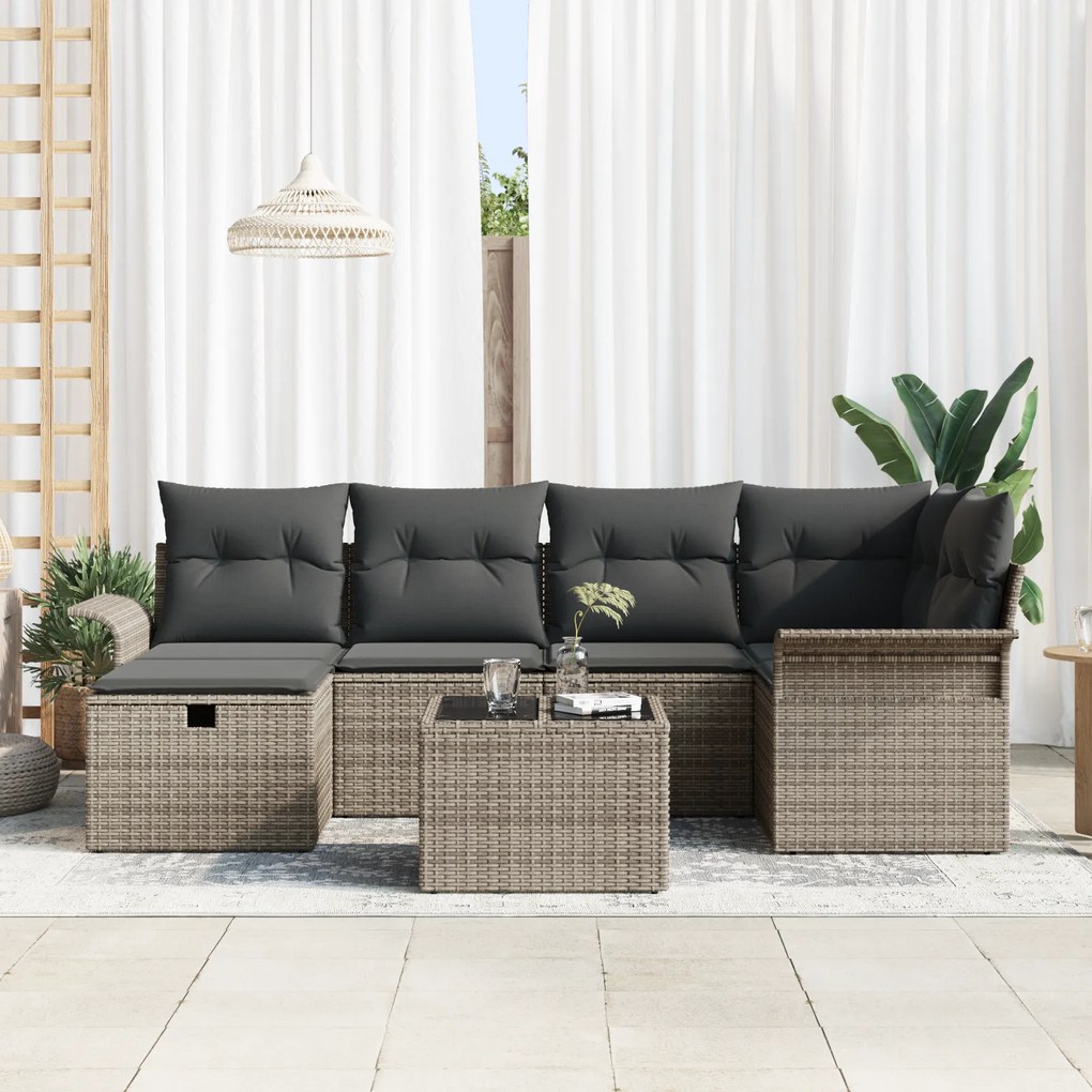 Conjunto de Sofá de Jardim com 7 Peças e Almofadas Cinza Poli Rattan