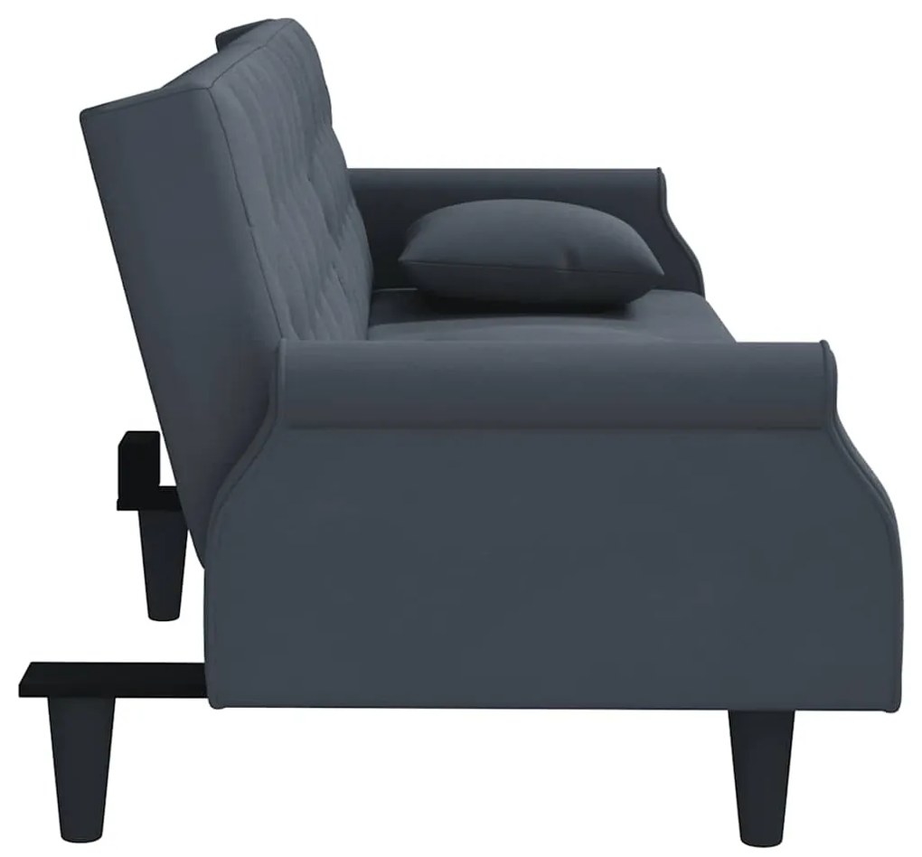 Sofá-cama com apoio de braços veludo cinzento-escuro