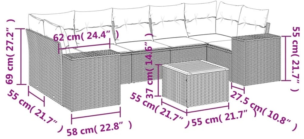 8 pcs conjunto de sofás p/ jardim com almofadões vime PE bege