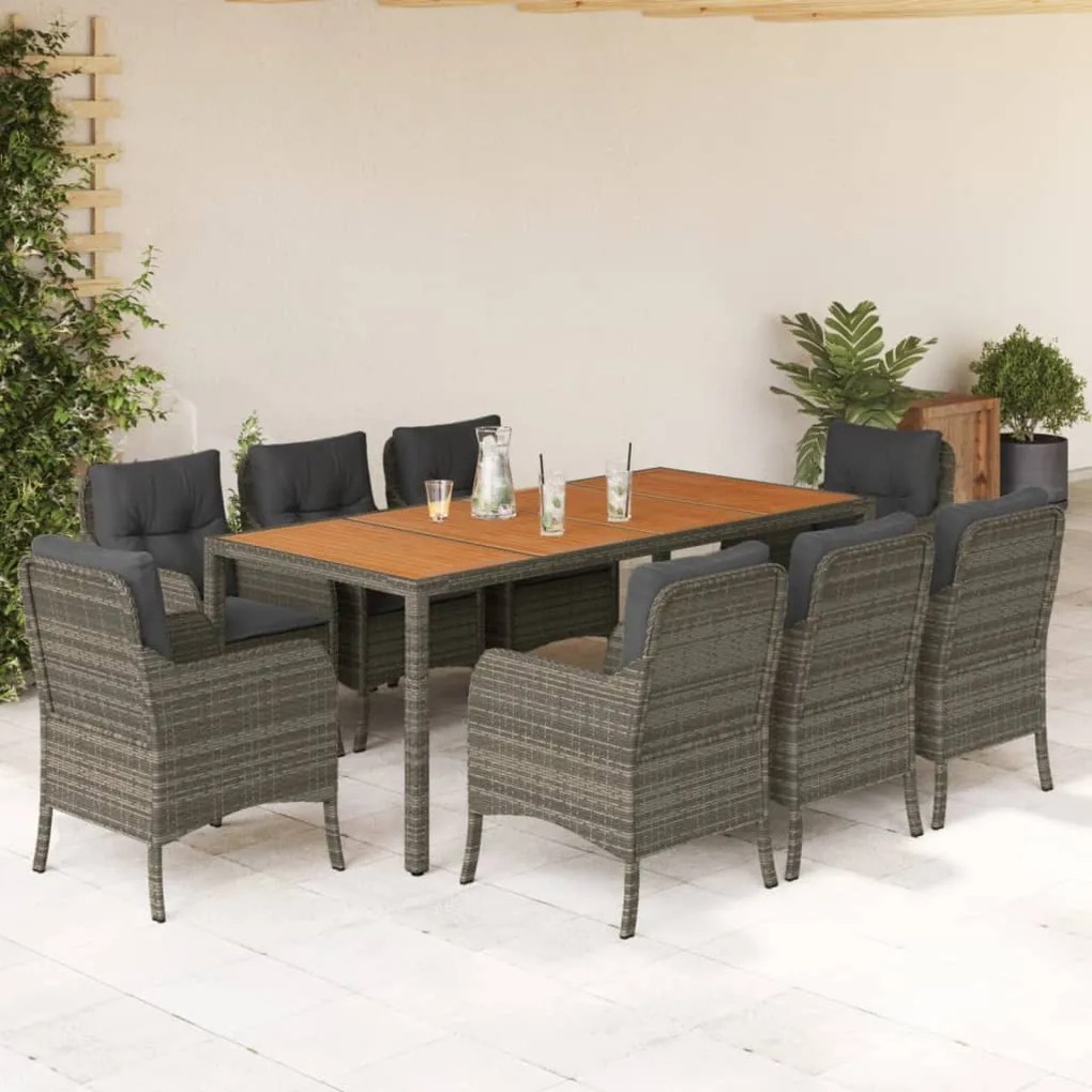 vidaXL 9 pcs conjunto de jantar p/ jardim c/ almofadões vime PE cinza