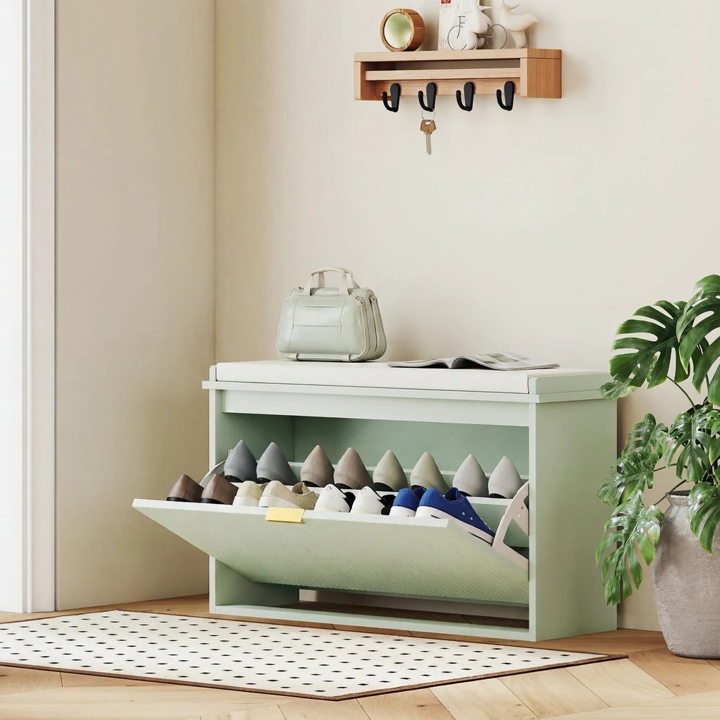 Banco Sapateira com Assento Acolchoado Gaveta Rebatível Prateleira Ajustável para Entrada ou Quarto 80x26x47,5 cm Verde Claro