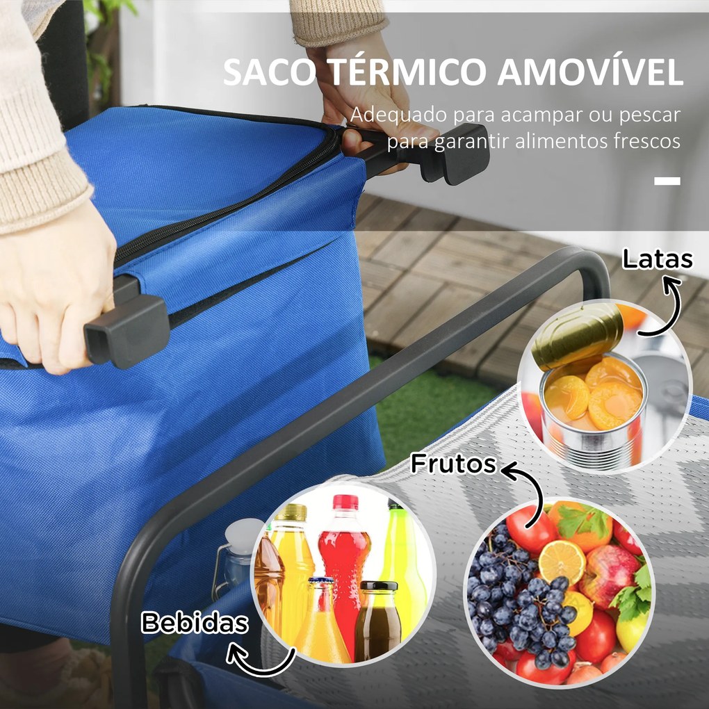 Carrinho de Transporte Dobrável com Bolsa Térmica Removível Capacidade 100 kg para Campismo Praia 113x57x77-100 cm Azul