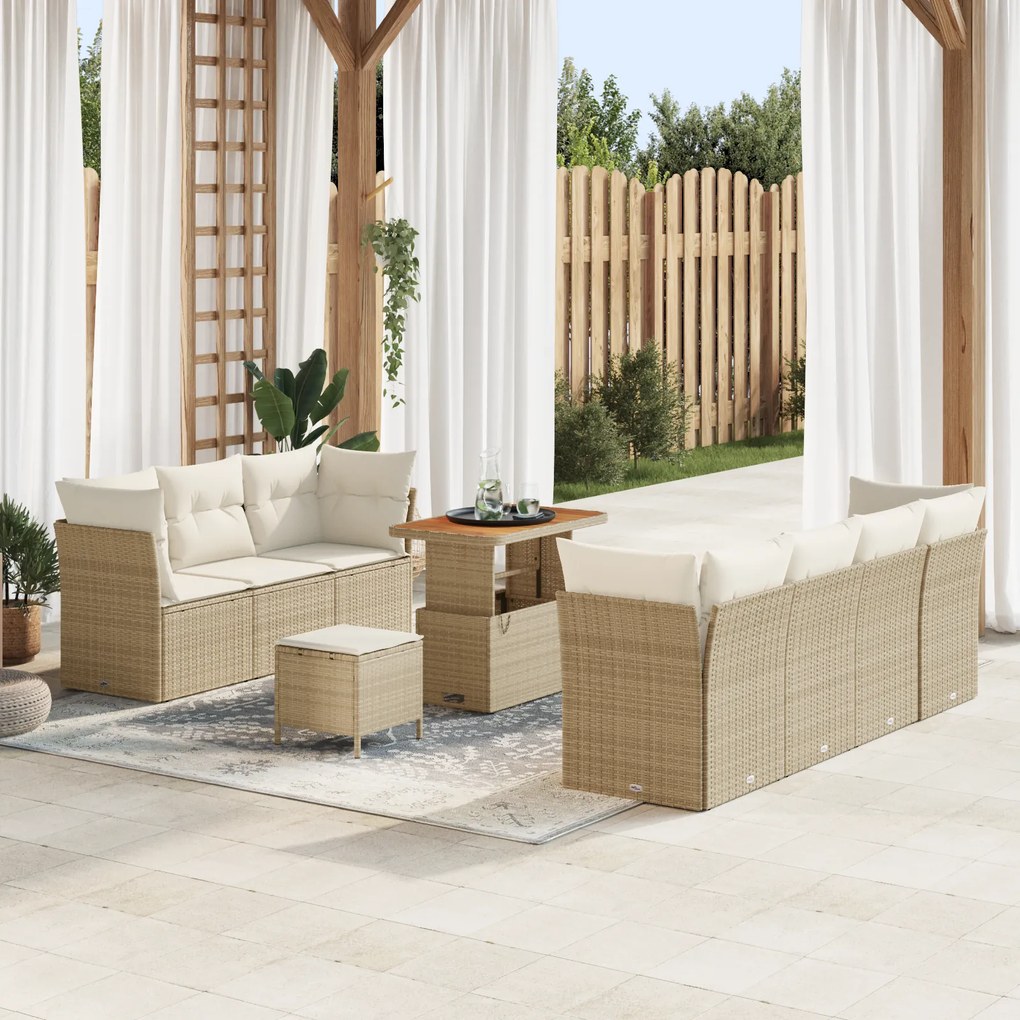 Conjunto de Sofá de Jardim com 10 Peças com Almofadas Bege Polirattan