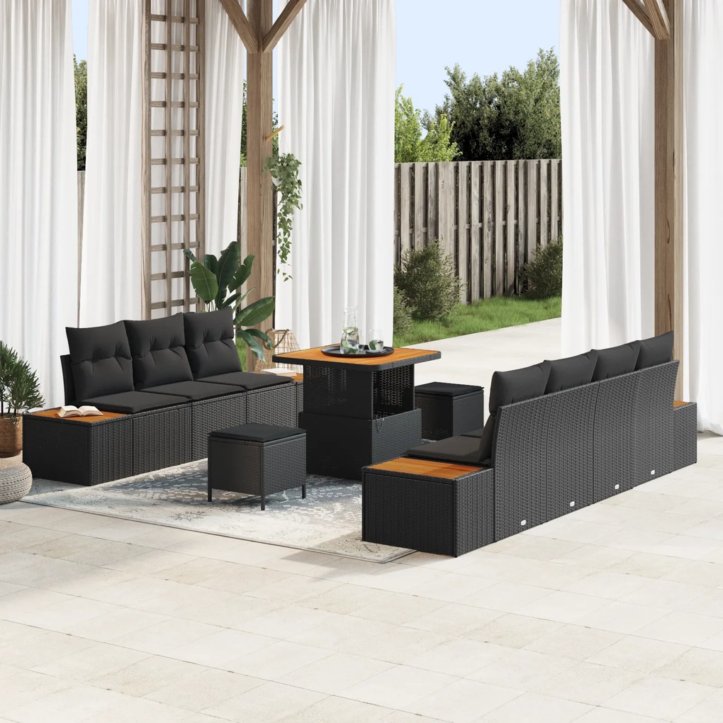 Conjunto de Sofás de Jardim de 10 Peças com Almofadas Preto Vime Poli