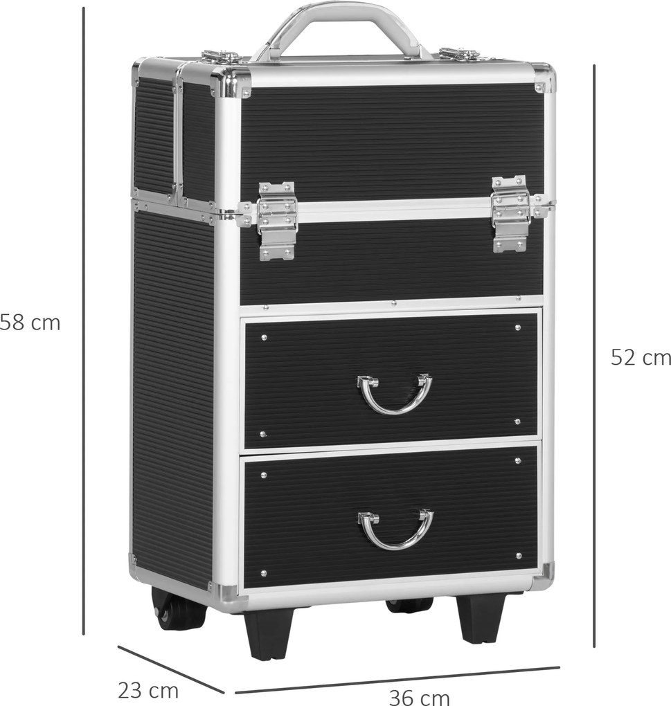 Mala de Maquilhagem Professional com Rodas 6 Gavetas Extensíveis Fechadura 2 Chaves e Alça Retrátil 36x23x58cm Preto