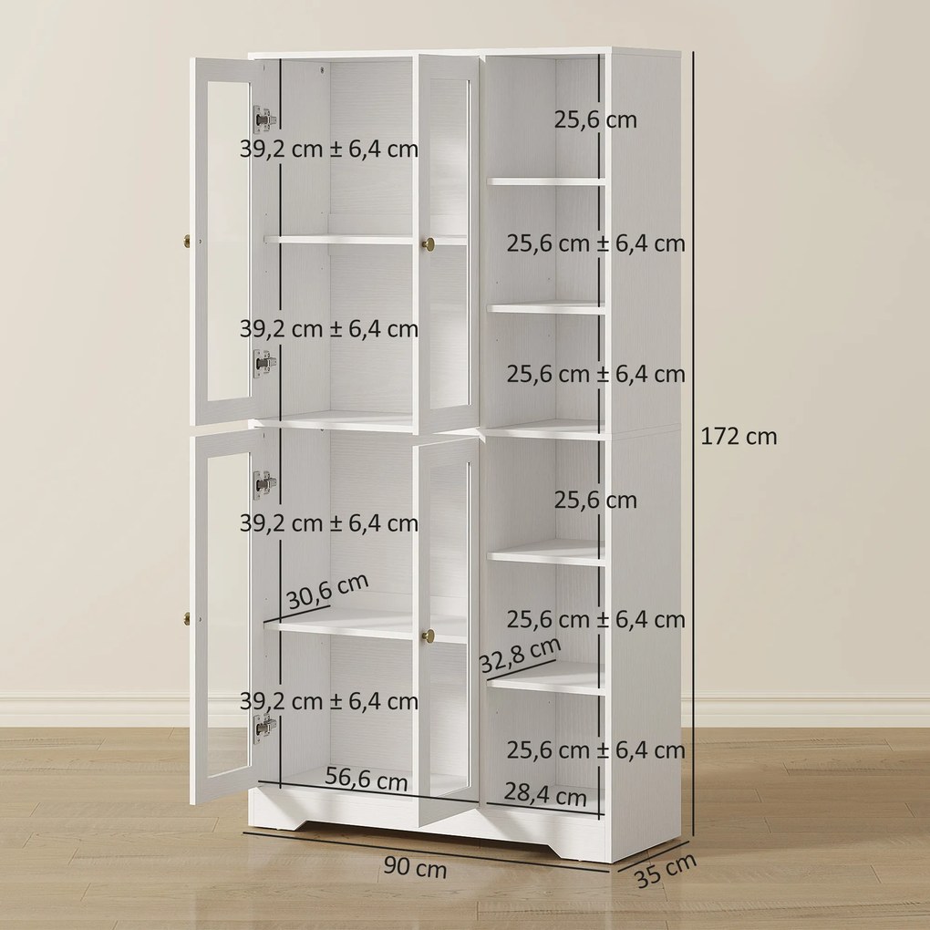 Armário cozinha  90 x 35 x 172 cm, aparador com vitrina e 4 portas com fecho suave em vidro temperado, branco