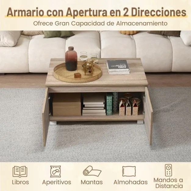 Mesa de centro rústica 80 x 60 x 37 cm baixa com arrumação com 4 portas e abertura em 2 direções castanha