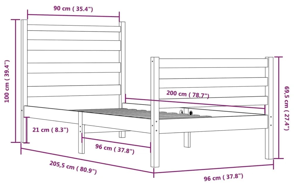 Estrutura de cama 90x200 cm madeira pinho maciço