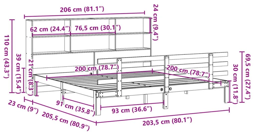 Cama com estante sem colchão 200x200 cm pinho maciço