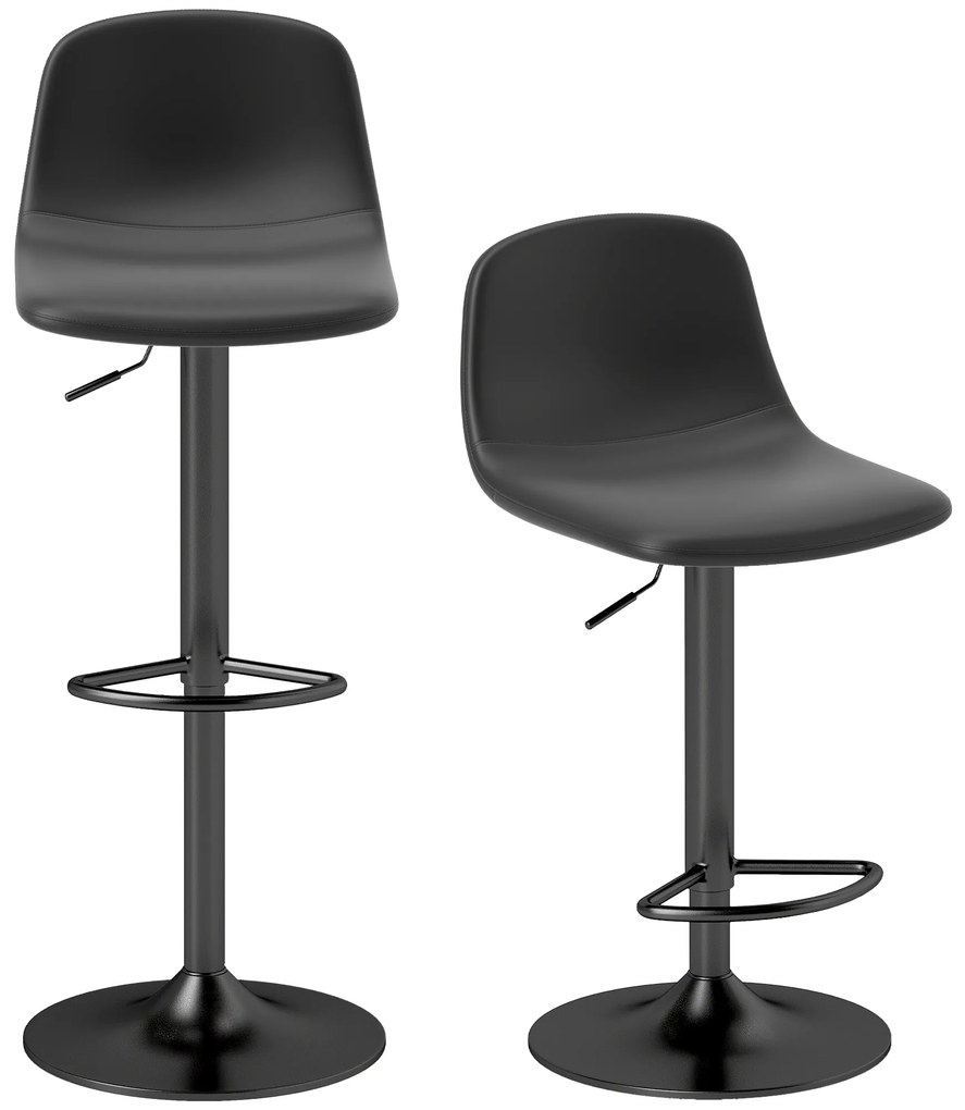 HOMCOM 2 Bancos de Bar Reguláveis em Altura 84-104 cm com Encosto e Apoio para os Pés Estofadas em PU Giratórias em 360° Preto