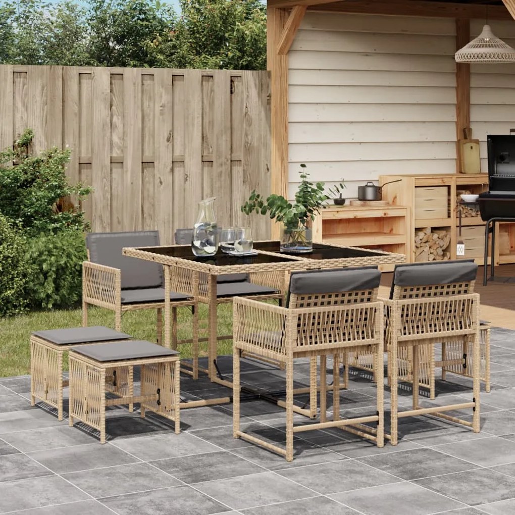 vidaXL 9 pcs conj. jantar jardim c/ almofadões vime PE bege misturado