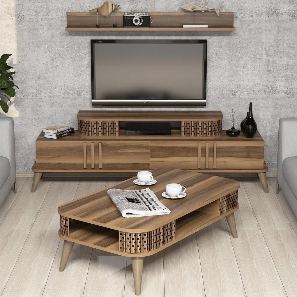 Conjunto de Mobiliário de Sala de Estar Eylül – Nogueira – TV: 168x51,