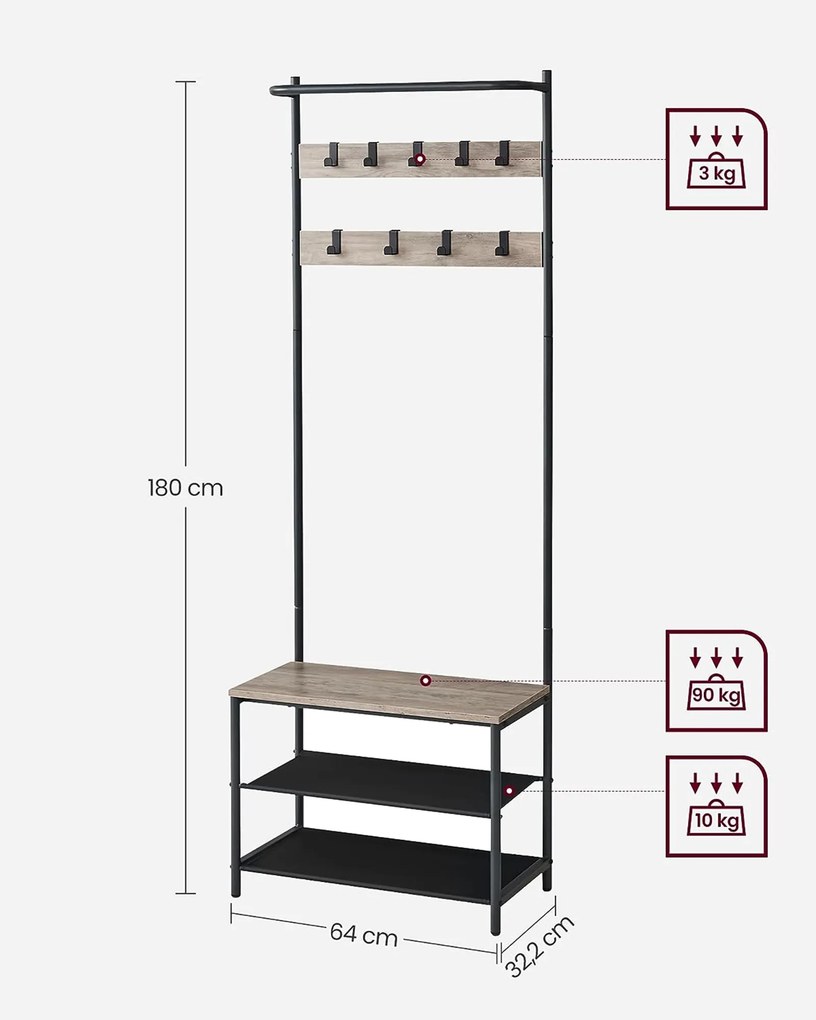 Bengaleiro entrada com 9 ganchos 32,2 x 64 x 180 greige-preto