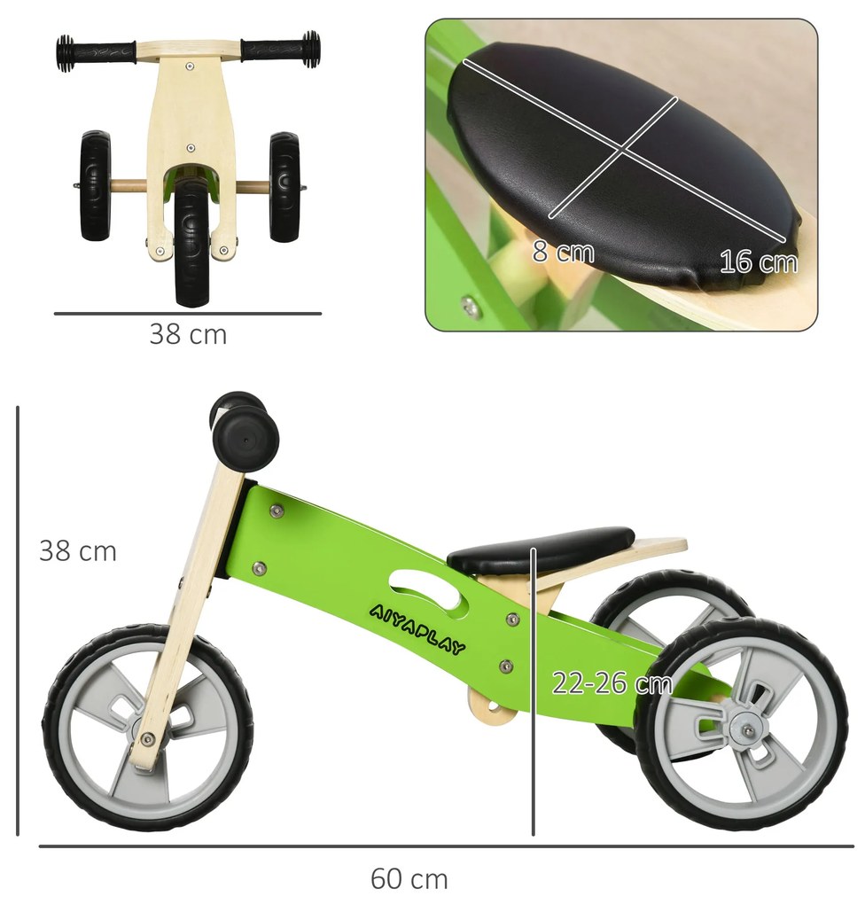 AIYAPLAY Bicicleta sem Pedais de Madeira 2 em 1 para Crianças acima de 18 Meses Triciclo Infantil com Assento Ajustável de 22-26cm Carga Máxima 20kg 6