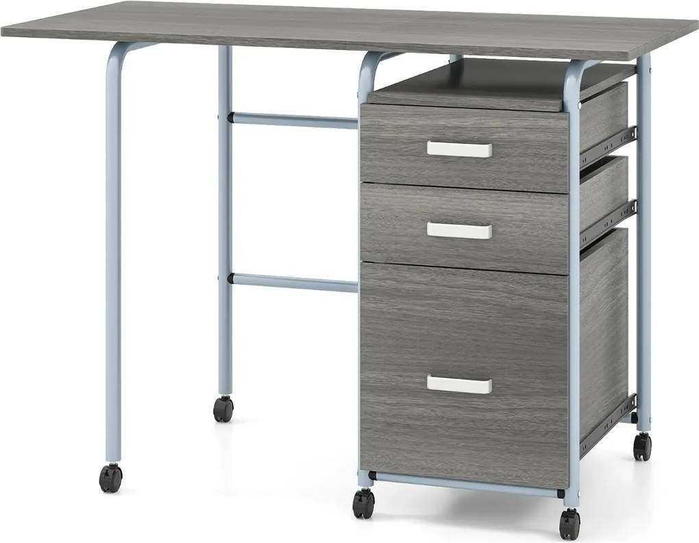 Secretária dobrável para computador 105 x 50 x 74 cm com 3 gavetas de armazenamento e rodas bloqueáveis Cinza