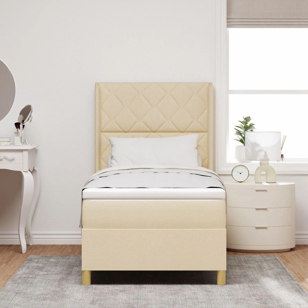 Cama Box Spring vidaXL com Colchão e LED Creme 90x200 cm Tecido
