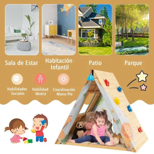 Conjunto de casa de madeira triangular 2 em 1 para 2 crianças dos 3 aos 8 anos com parede de escalada, campainha frontal e cortina amovível Natural