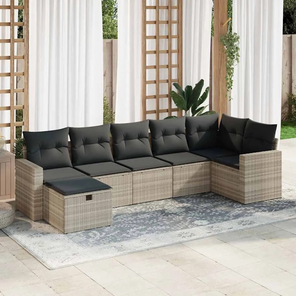 7 pcs conj. sofás jardim com almofadões vime PE cinzento-claro