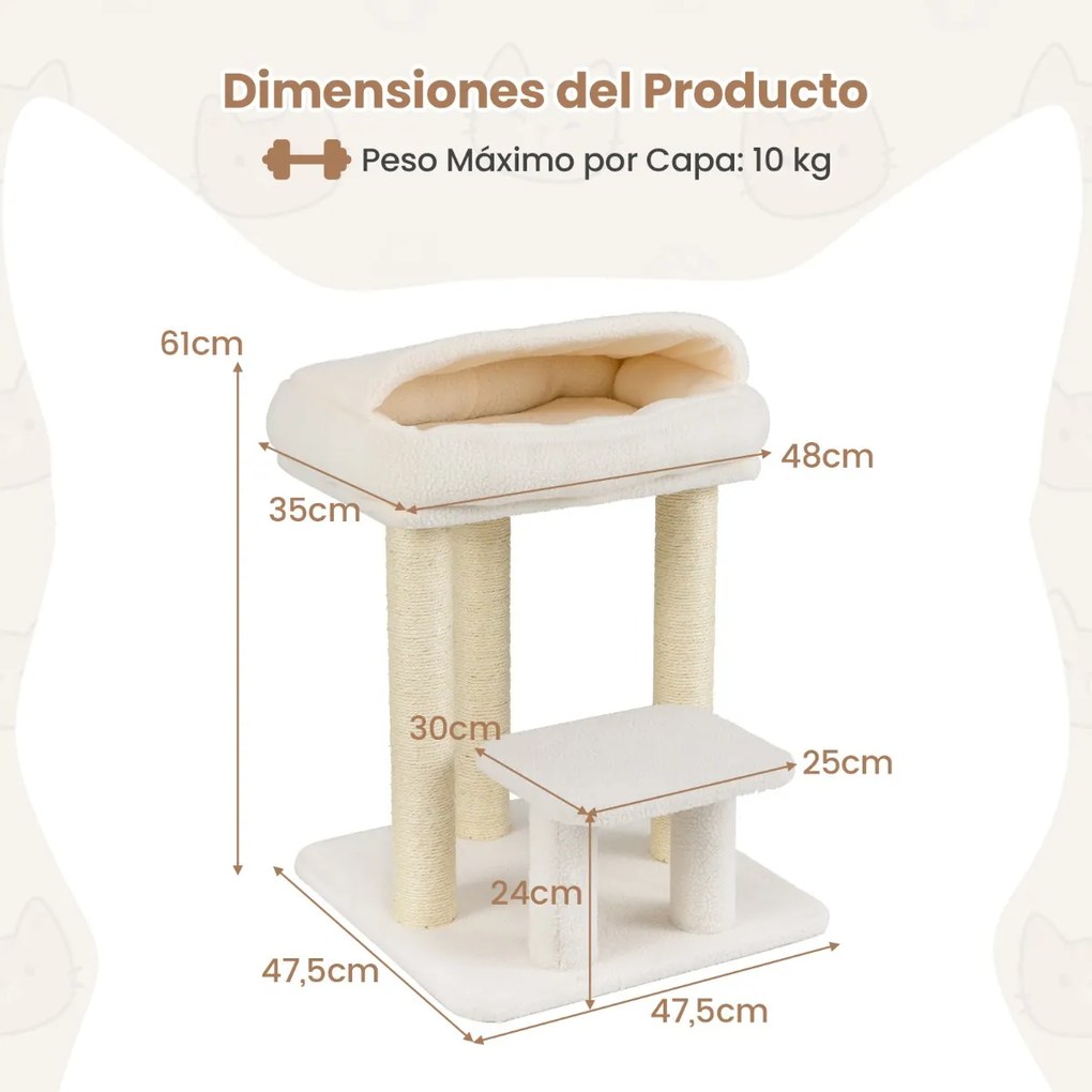 Arranhador para gatos com cama acolchoada, plataforma de salto e postes de sisal para arranhar para espaços pequenos 47,5 x 47,5 x 61 cm Branco