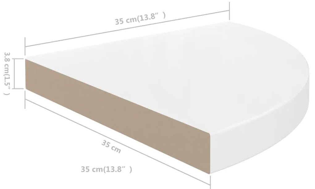 Prateleiras canto suspensas 2 pcs 35x35x3,8cm MDF branco brilh.