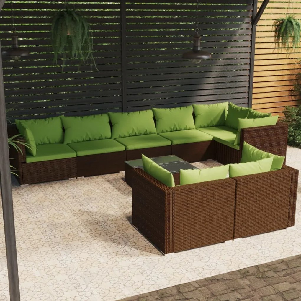 vidaXL 9 pcs conjunto lounge jardim c/ almofadões vime PE castanho