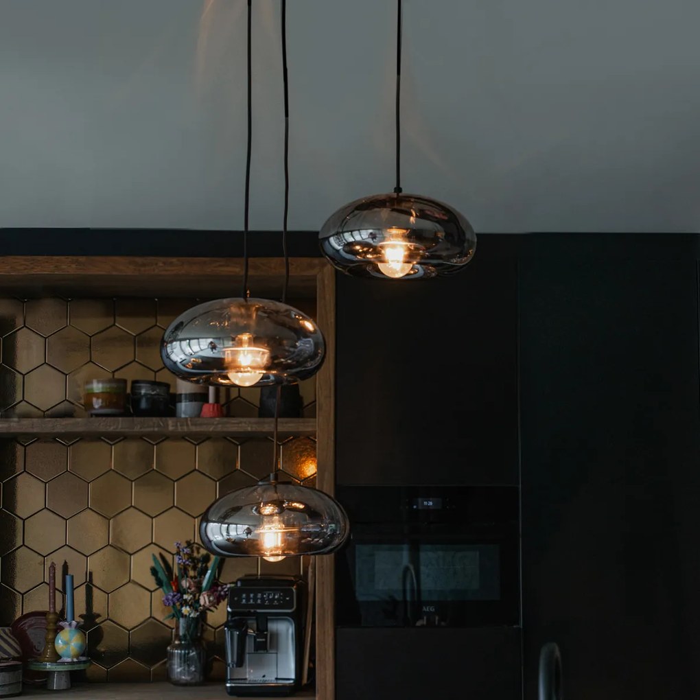 Candeeiro de suspensão Art Deco preto com vidro fumê redondo 3-luzes - Ayesha