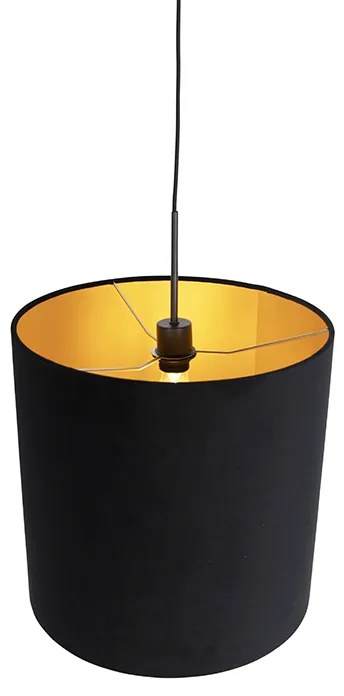 Candeeiro de suspensão com abajur em veludo preto com dourado 40 cm - Combi Clássico / Antigo
