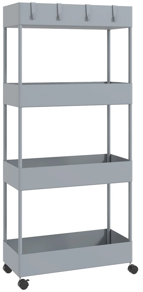 HOMCOM Carrinho Auxiliar com Rodas Carrinho de Armazenamento com 4 Cestas e 4 Ganchos Amovíveis 40x19x90 cm Cinza | Aosom Portugal