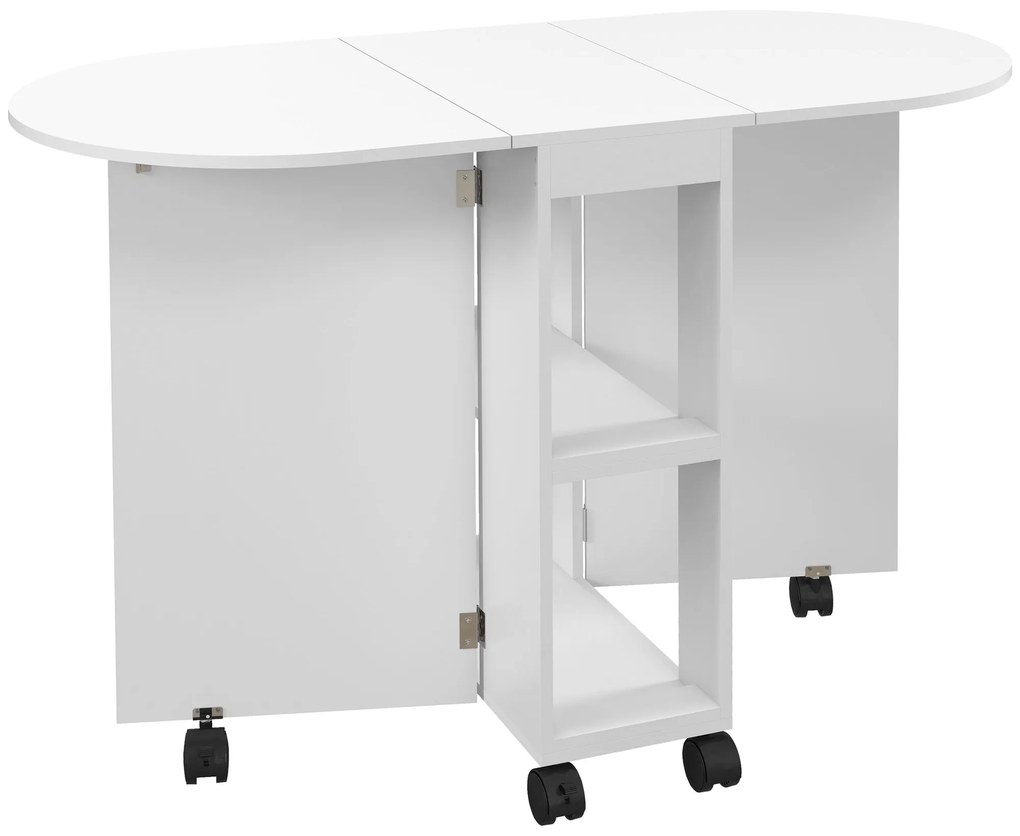 HOMCOM Mesa de Cozinha Dobrável com Rodas Laterais Rebatíveis e 2 Prateleiras Abertas Estilo Moderno 120x60x77 cm Branco