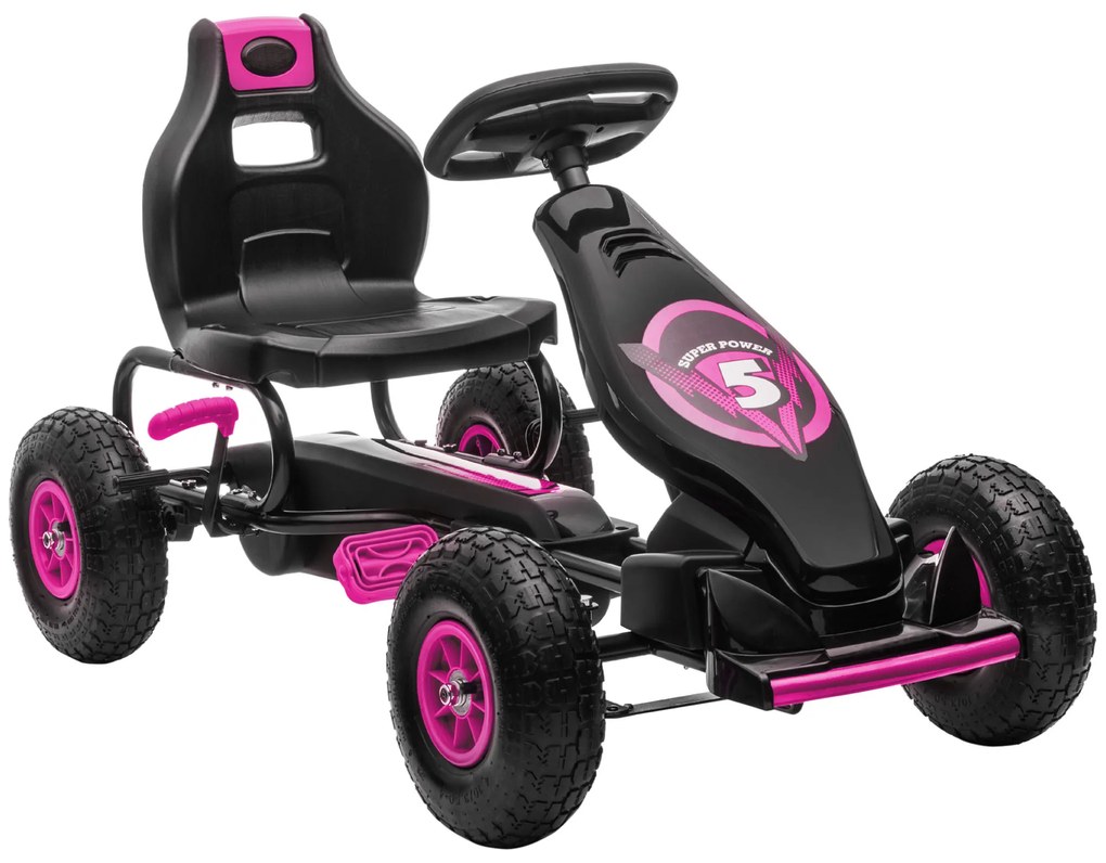 HOMCOM Kart Pedais Crianças 5 a 12 Anos Assento Ajustável Pneus Insufláveis Amortecimento Segurança 121x58x61 cm Rosa