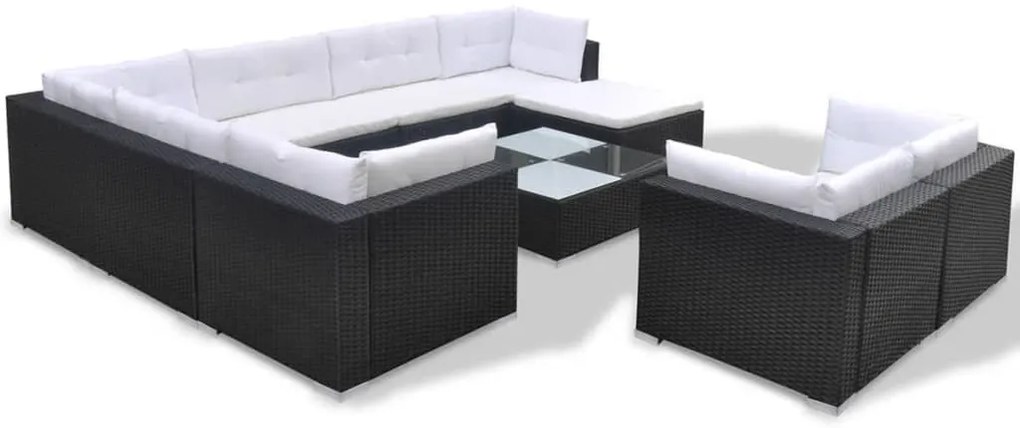 10 pcs conjunto lounge de jardim c/ almofadões vime PE preto