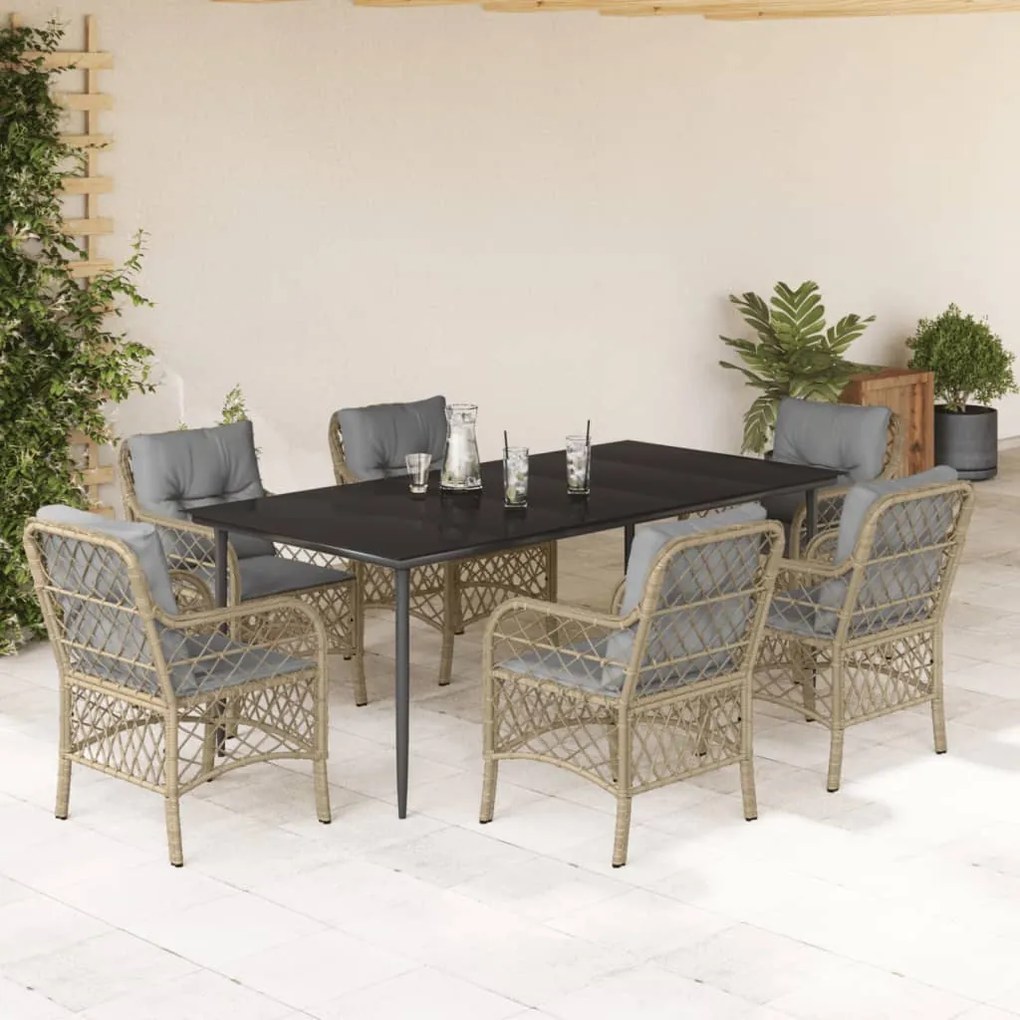 7 pcs conj. jantar jardim c/ almofadões vime PE bege misturado