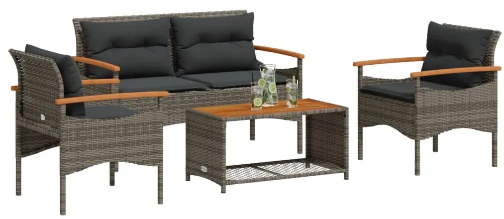 4 pcs conjunto sofás de jardim c/ almofadões vime PE cinzento