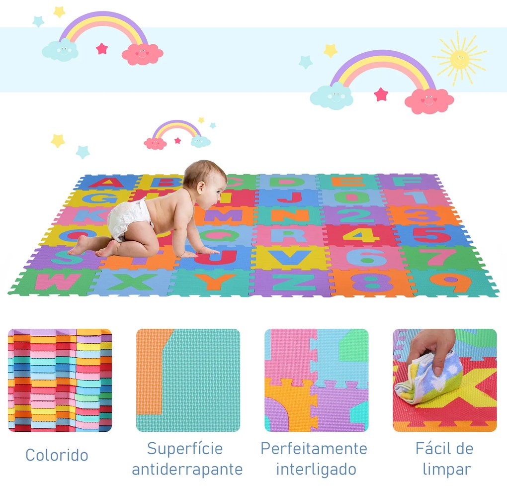 HOMCOM Tapete puzzle infantil 36 peças de 31x31cm Números de 0 a 9 e 26 letras do alfabeto Tapete de borracha de espuma para bebês e crianças 3,24㎡