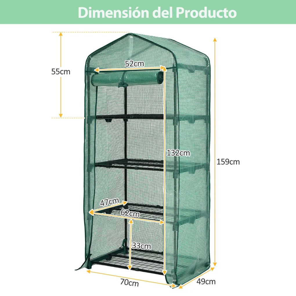 Estufa de jardim com 4 prateleiras, cobertura de PVC e estrutura metálica Mini estufa para jardinagem 70 x 49 x 159 cm verde