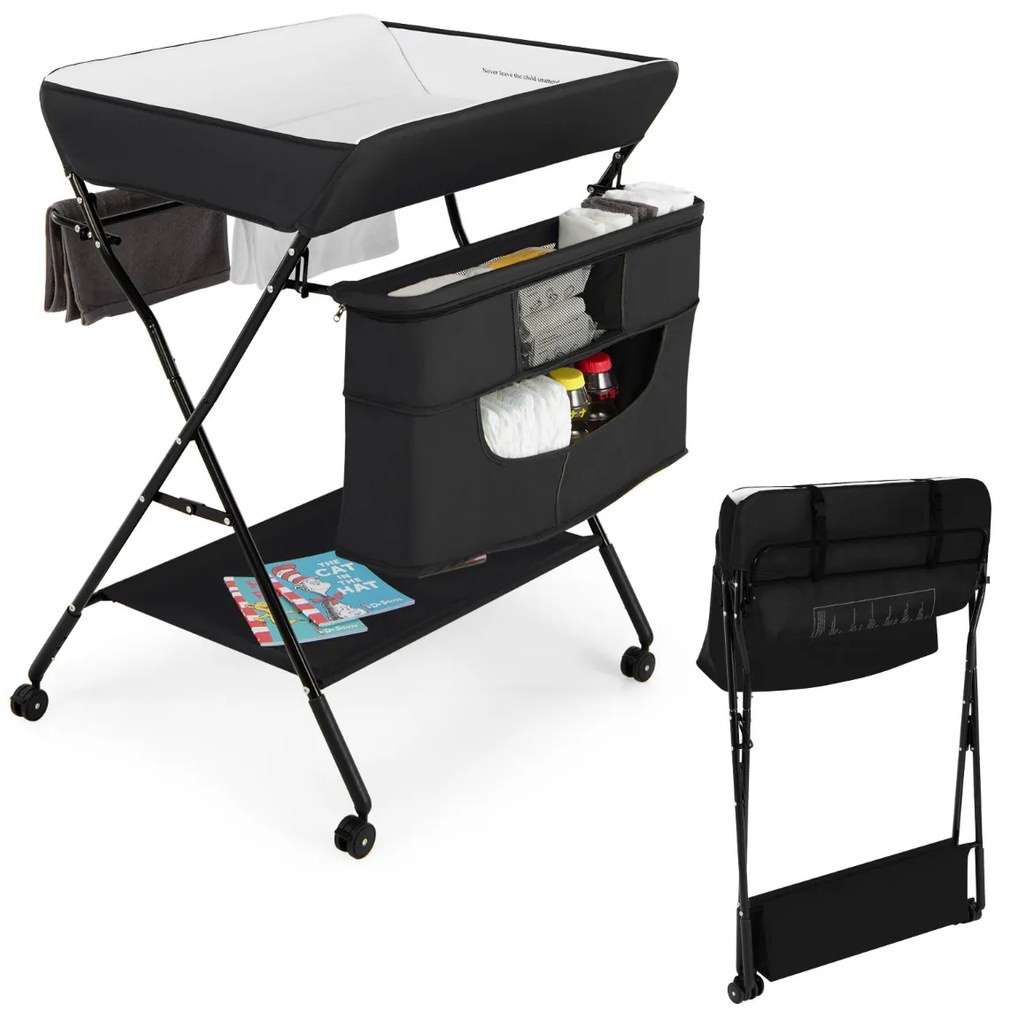 Mesa muda-fraldas com rodas 4 em 1 Altura do berço Ajustável em 3 níveis Mesa muda-fraldas 81 x 70 x 106-5 cm Preto
