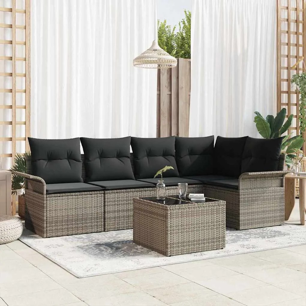 vidaXL Conjunto de Sofá de Jardim com Almofadas 5 Peças Preto em Poly Rattan