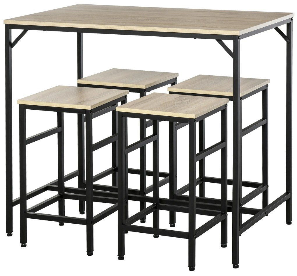 HOMCOM Conjunto de Mesa de Bar com 4 Bancos com Apoio para os Pés Conjunto de Móveis de 5 Peças Mesa de 100x60x88cm e Bancos de 32x32x57cm para Sala de Jantar Cozinha Preto e Carvalho