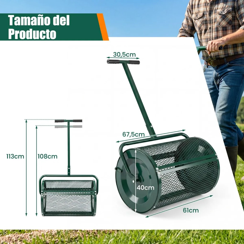 Espalhador de composto para Jardim de 31 cm com rolo para turfa e cabo em T ajustável em altura, com cesto de malha metálica para jardim ou relvado, V