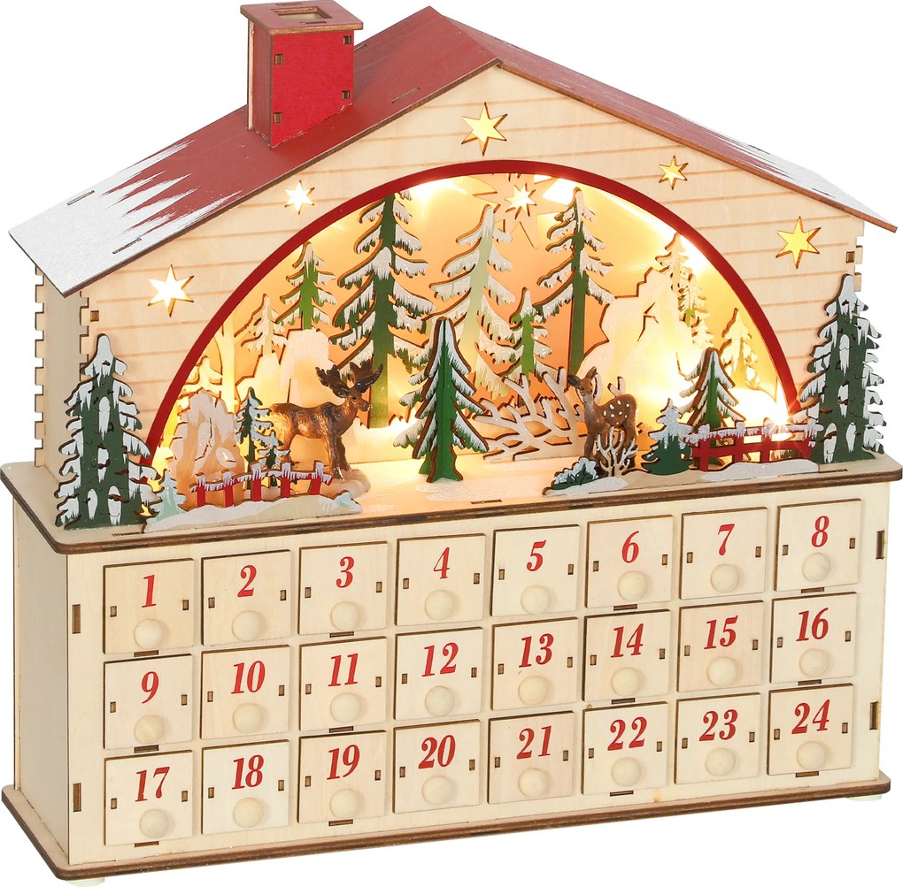 HOMCOM Calendário do Advento em Madeira com Luzes LED e 24 Gavetas Cena de Vila Decoração Natalícia 36x10x34 cm Madeira | Aosom Portugal