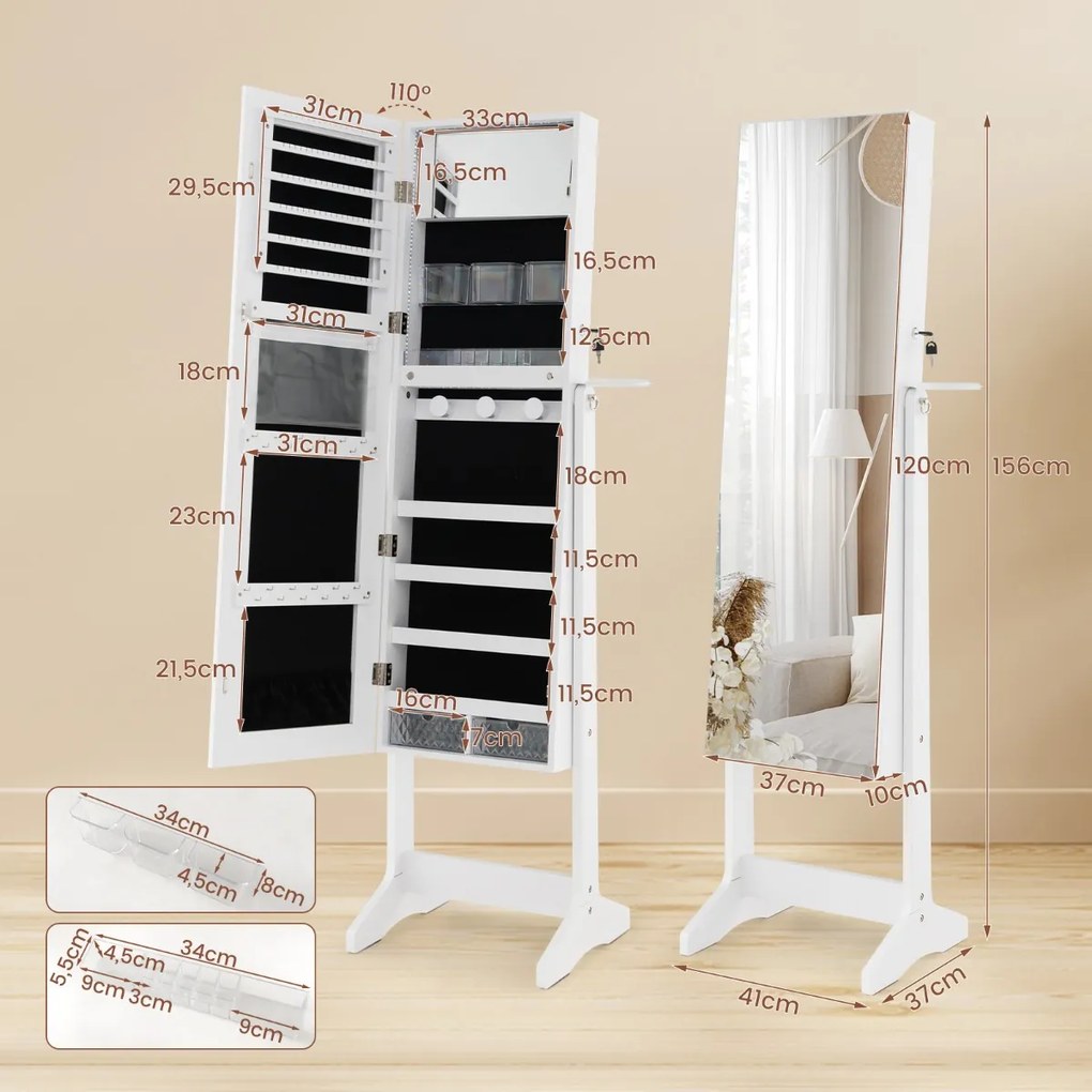 Armario com espelho de jóias com fechadura e luzes LED de 3 cores Espelho interior Suporte para secador de cabelo 41 x 36,5 x 156 cm Branco