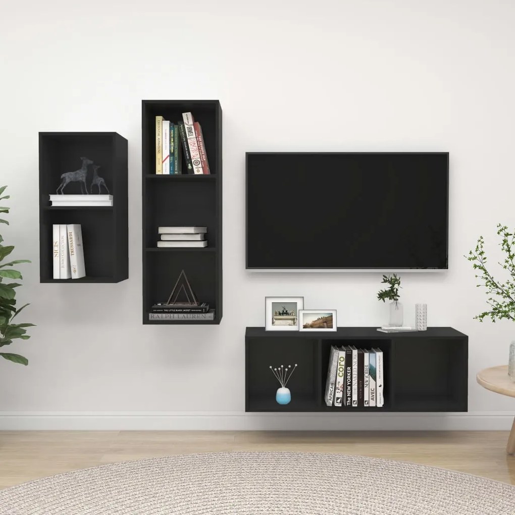 vidaXL 3 pcs conjunto de móveis de TV contraplacado preto