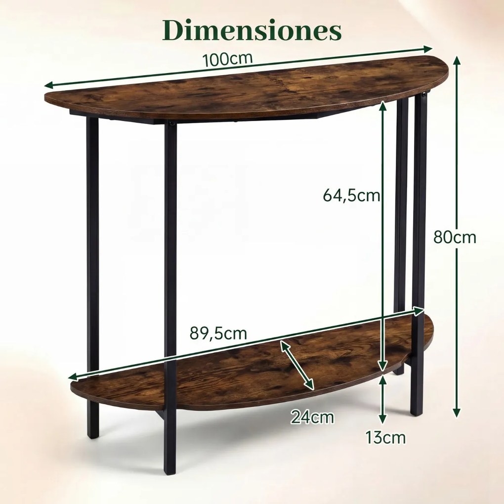 Mesa consola 100 x 29,5 x 80 cm em forma de meia-lua com 2 níveis, prateleira aberta, metal, com base antiderrapante, para entrada, sala de estar, cor