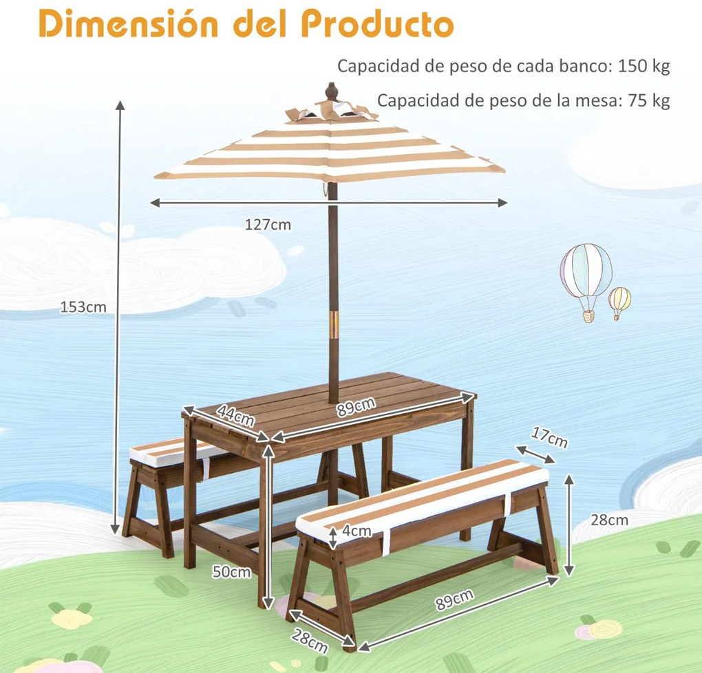 Mesa de piquenique jardim para crianças com guarda-sol com almofadas Castanho