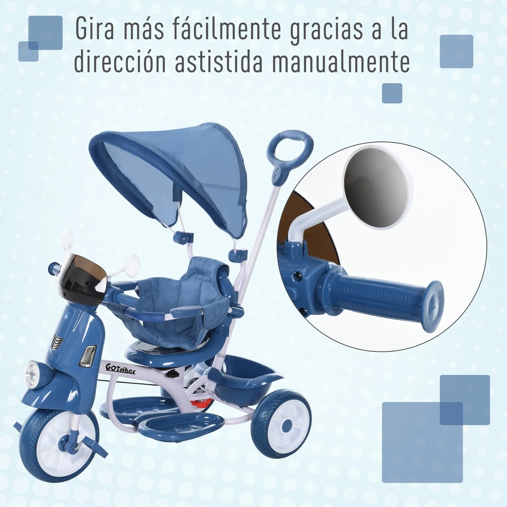 HOMCOM Triciclo evolutivo infantil Carrinho de criança Com função de luz e música Barra de segurança e toldo retrátil Assento giratório 360 ° 93x51x94 cm Azul