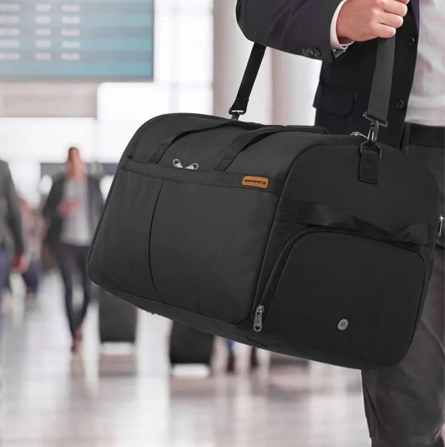Saco de desporto dobrável muito grande 120 L, com compartimentos para sapatos e para roupa molhada Preto