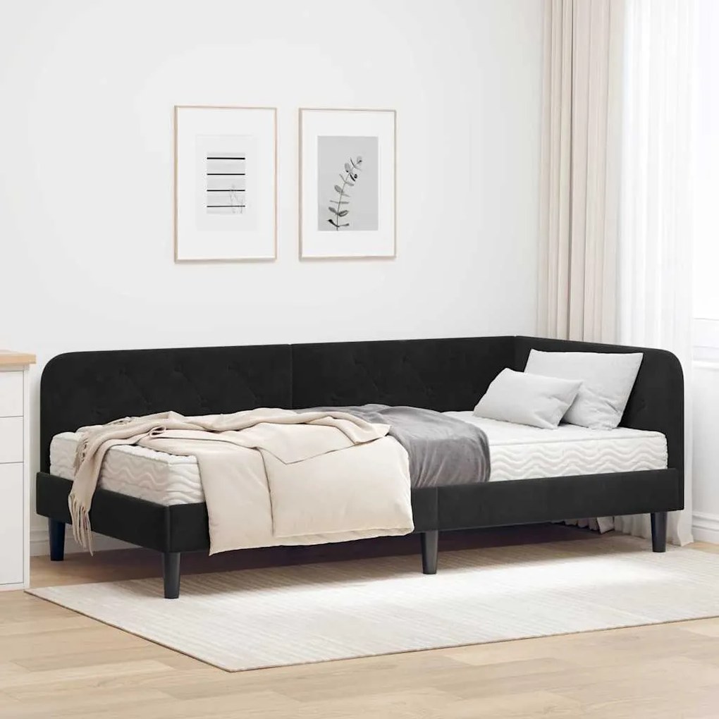 vidaXL Estrutura de Cama de Canto com colchão Preto 90 x 190 cm Veludo