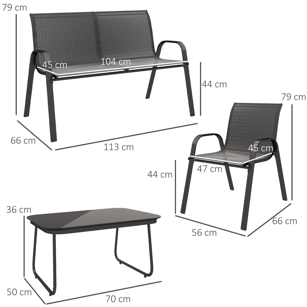 Conjunto de Jardim Exterior 4 Peças com 2 Cadeiras Empilháveis 1 Sofá de 2 Lugares e Mesa de Centro com Bancada de Vidro Temperado Preto
