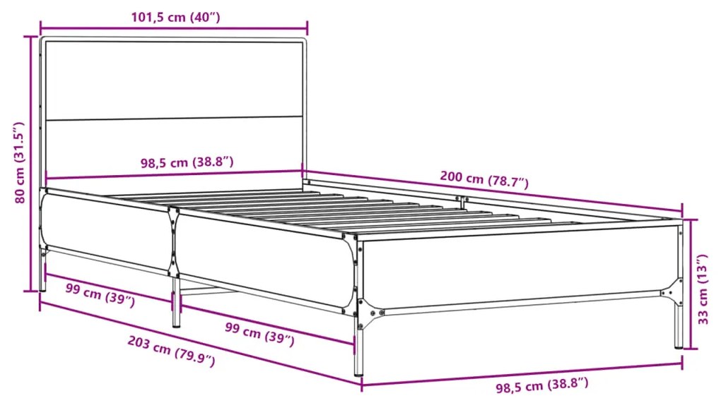 Estrutura de cama 100x200 cm derivados de madeira/metal preto