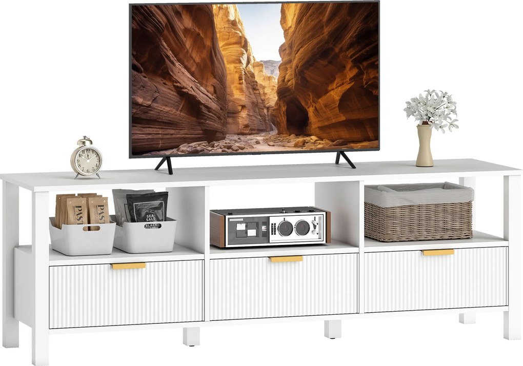 Móvel para TV de 152 cm, móvel para televisor de 65 polegadas com 3 gavetas e 3 prateleiras abertas, 152 x 39,5 x 50 cm, branco